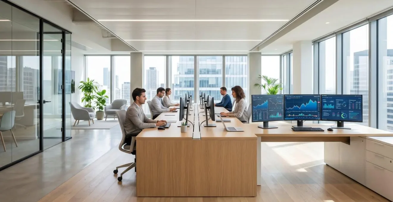 Bureau contemporain lumineux avec deux écrans affichant des tableaux de bord de suivi financier, environnement de travail épuré et moderne