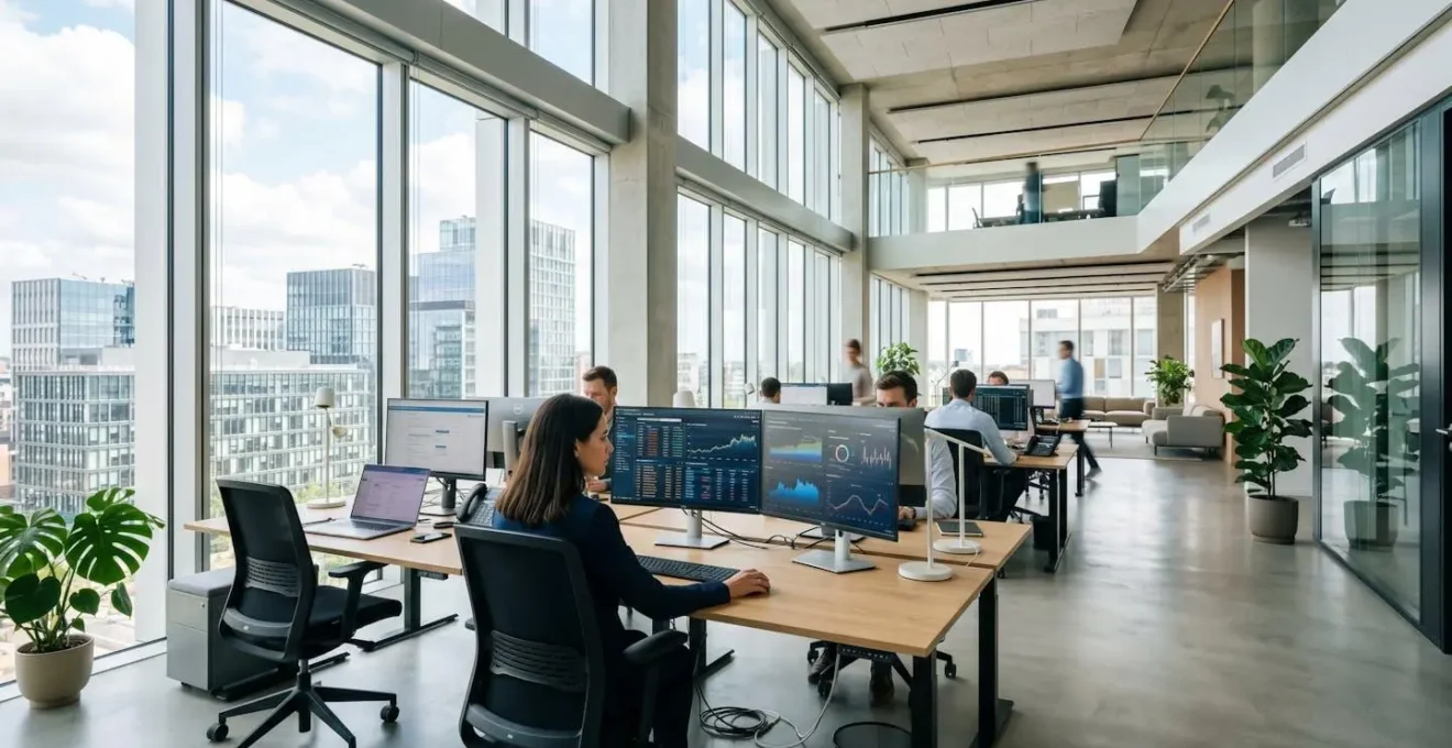 Bureau contemporain lumineux avec deux écrans affichant des tableaux de bord de suivi financier, environnement de travail épuré et moderne
