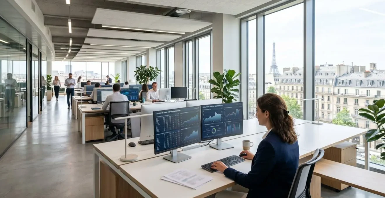 Bureau contemporain lumineux avec deux écrans affichant des tableaux de bord de suivi financier, environnement de travail épuré et moderne
