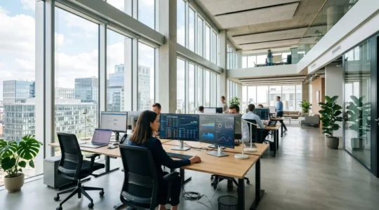 Bureau contemporain lumineux avec deux écrans affichant des tableaux de bord de suivi financier, environnement de travail épuré et moderne