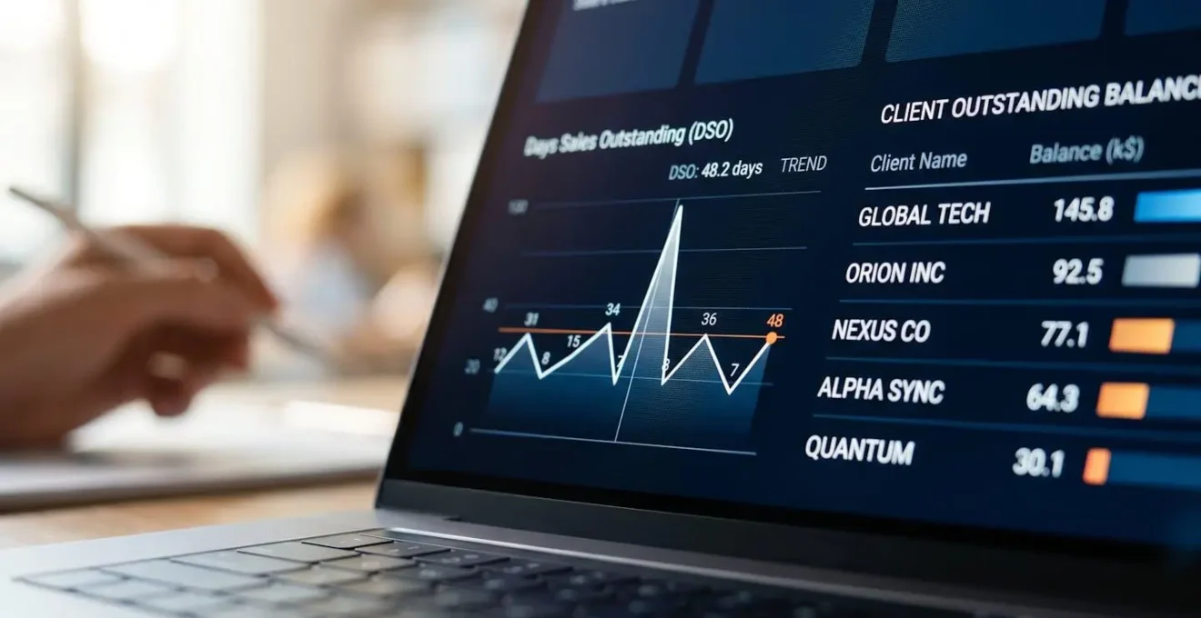 Gros plan sur écran affichant un graphique de suivi du DSO et des encours clients, arrière-plan flou de bureau moderne