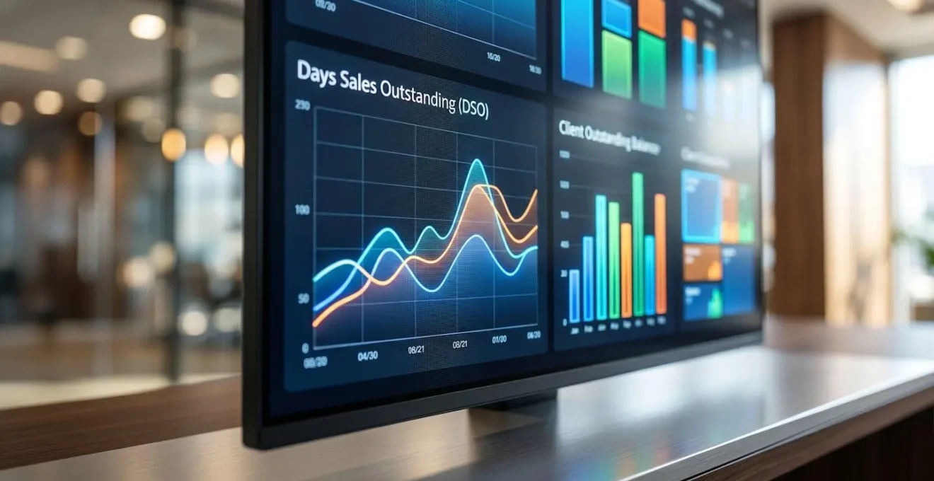 Gros plan sur écran affichant un graphique de suivi du DSO et des encours clients, arrière-plan flou de bureau moderne