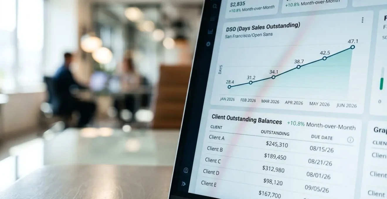 Gros plan sur écran affichant un graphique de suivi du DSO et des encours clients, arrière-plan flou de bureau moderne