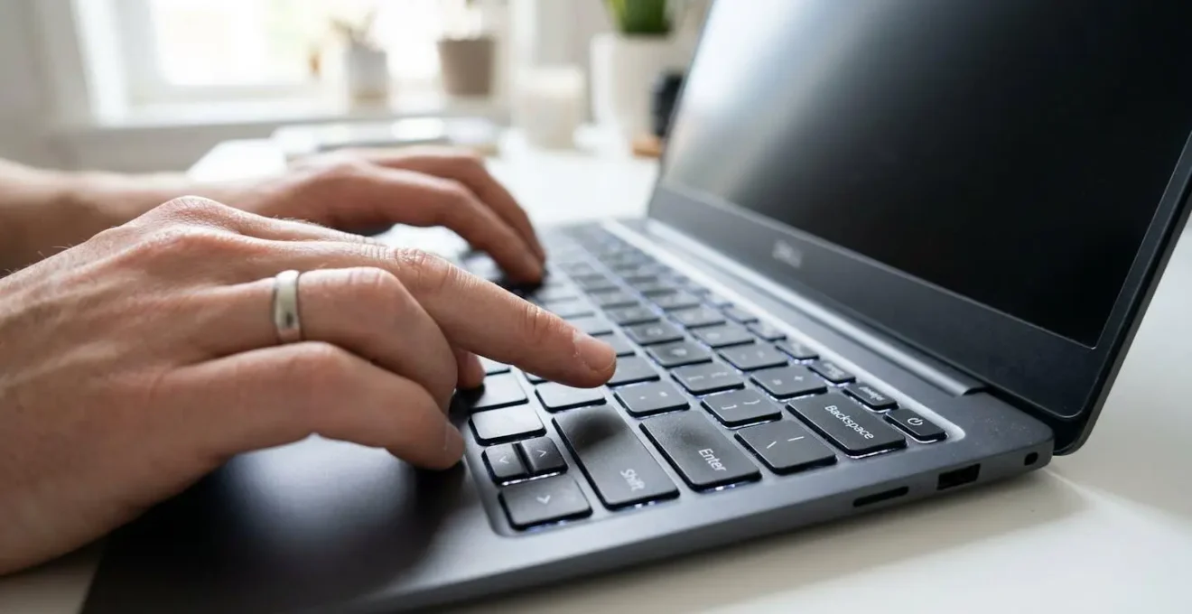 Gros plan sur des mains tapant sur un clavier d'ordinateur portable moderne avec une main survolant la touche Entrée
