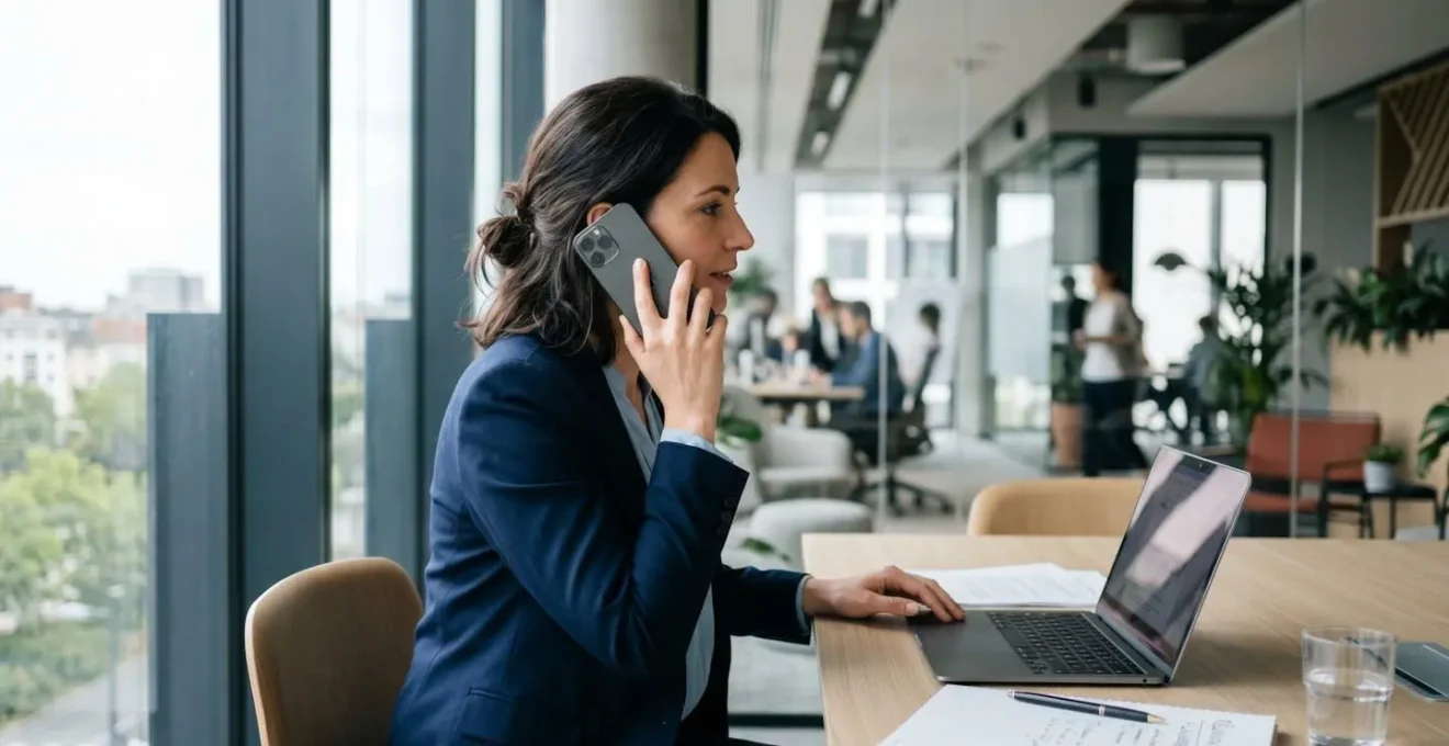 Professionnel vu de profil au téléphone dans un bureau contemporain, geste naturel de conversation, lumière naturelle latérale