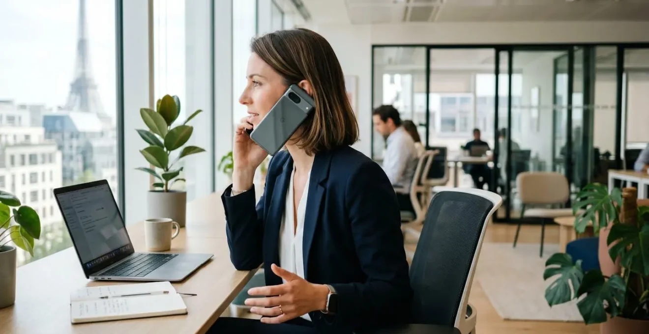 Professionnel vu de profil au téléphone dans un bureau contemporain, geste naturel de conversation, lumière naturelle latérale