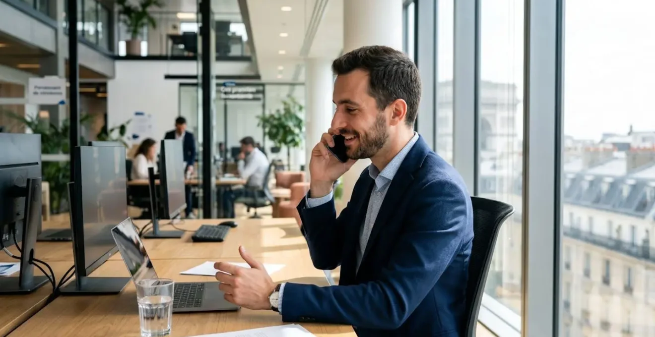 Professionnel vu de profil au téléphone dans un bureau contemporain, geste naturel de conversation, lumière naturelle latérale