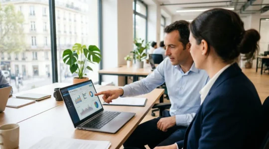 Deux responsables financiers en réunion analysent des graphiques sur un ordinateur portable dans un bureau moderne lumineux