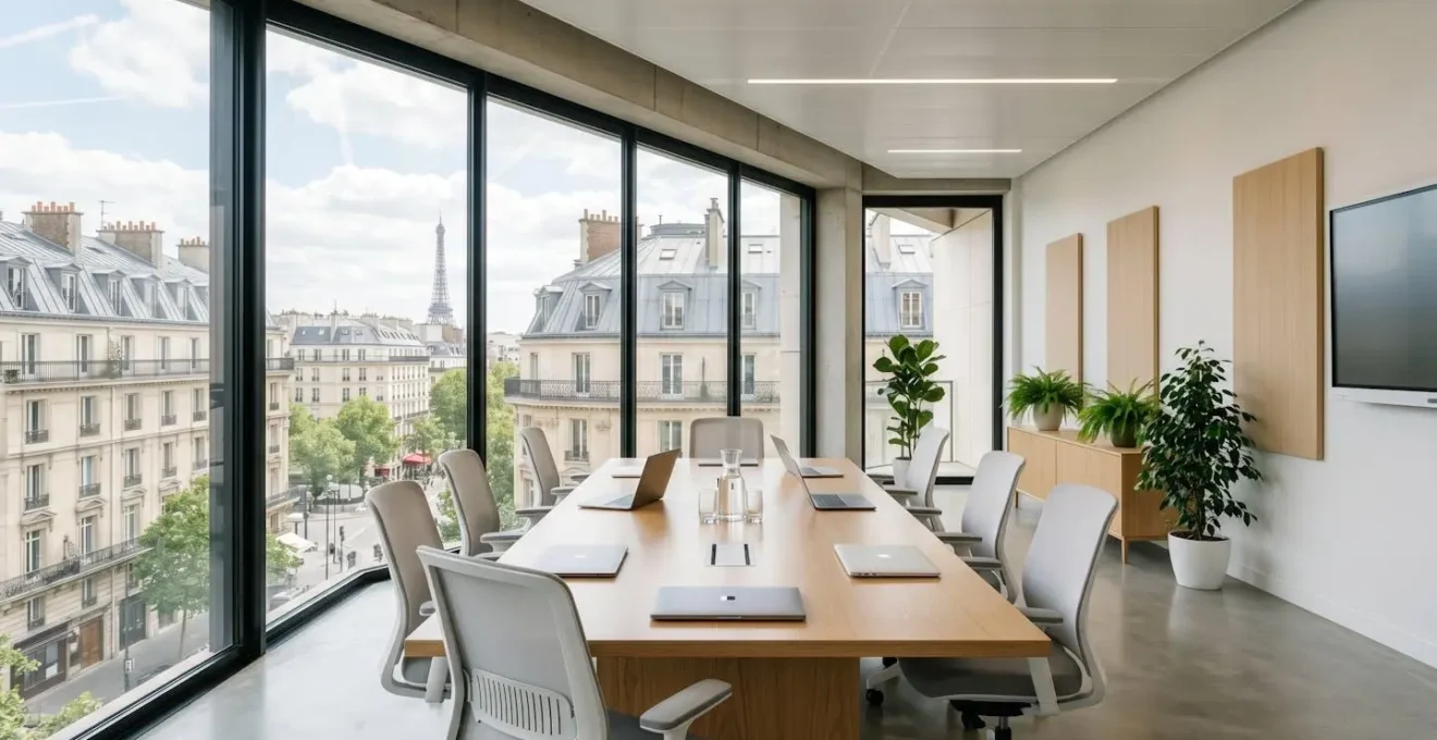 Vue grand angle d'une salle de réunion contemporaine vide avec grandes fenêtres, table moderne et ordinateurs portables fermés, architecture européenne visible à l'extérieur