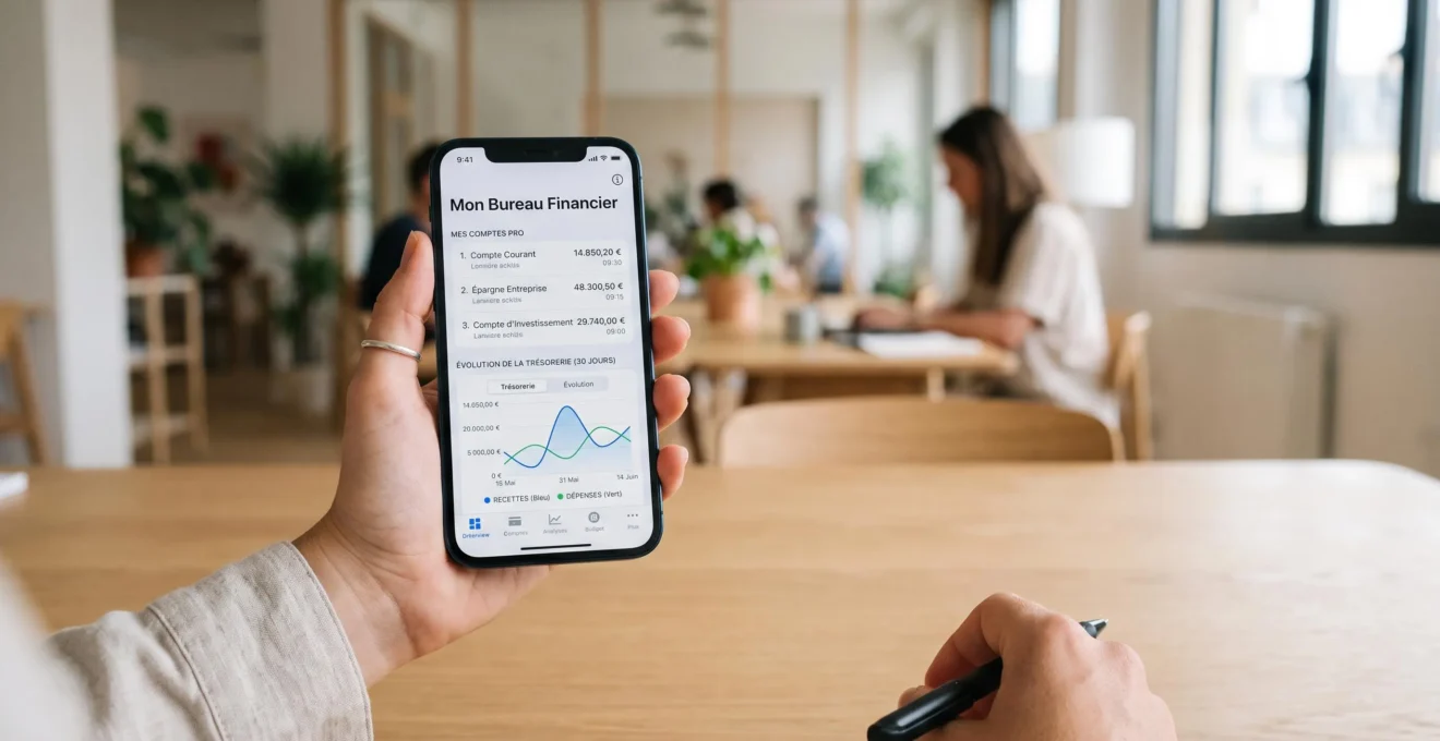 Application mobile de gestion financière affichant un tableau de bord trésorerie multi-comptes