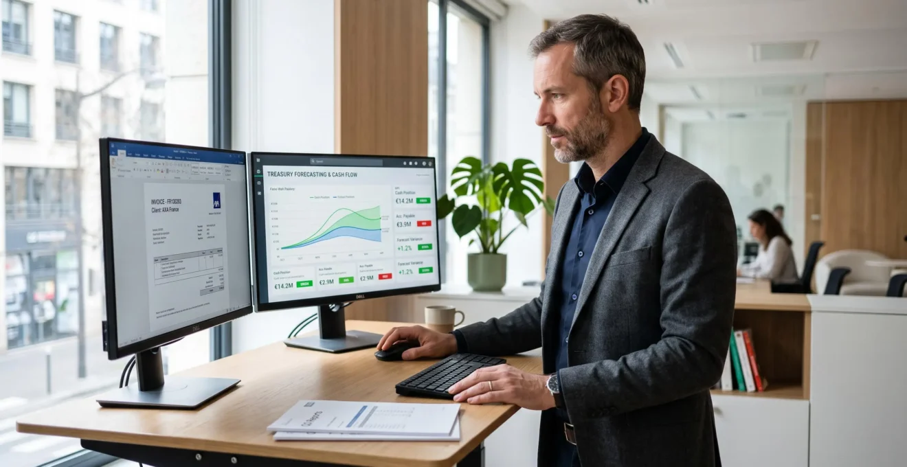 Dirigeant d'entreprise analysant un tableau de bord de trésorerie en temps réel sur double écran dans un bureau moderne