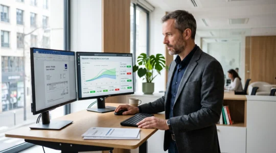 Dirigeant d'entreprise analysant un tableau de bord de trésorerie en temps réel sur double écran dans un bureau moderne
