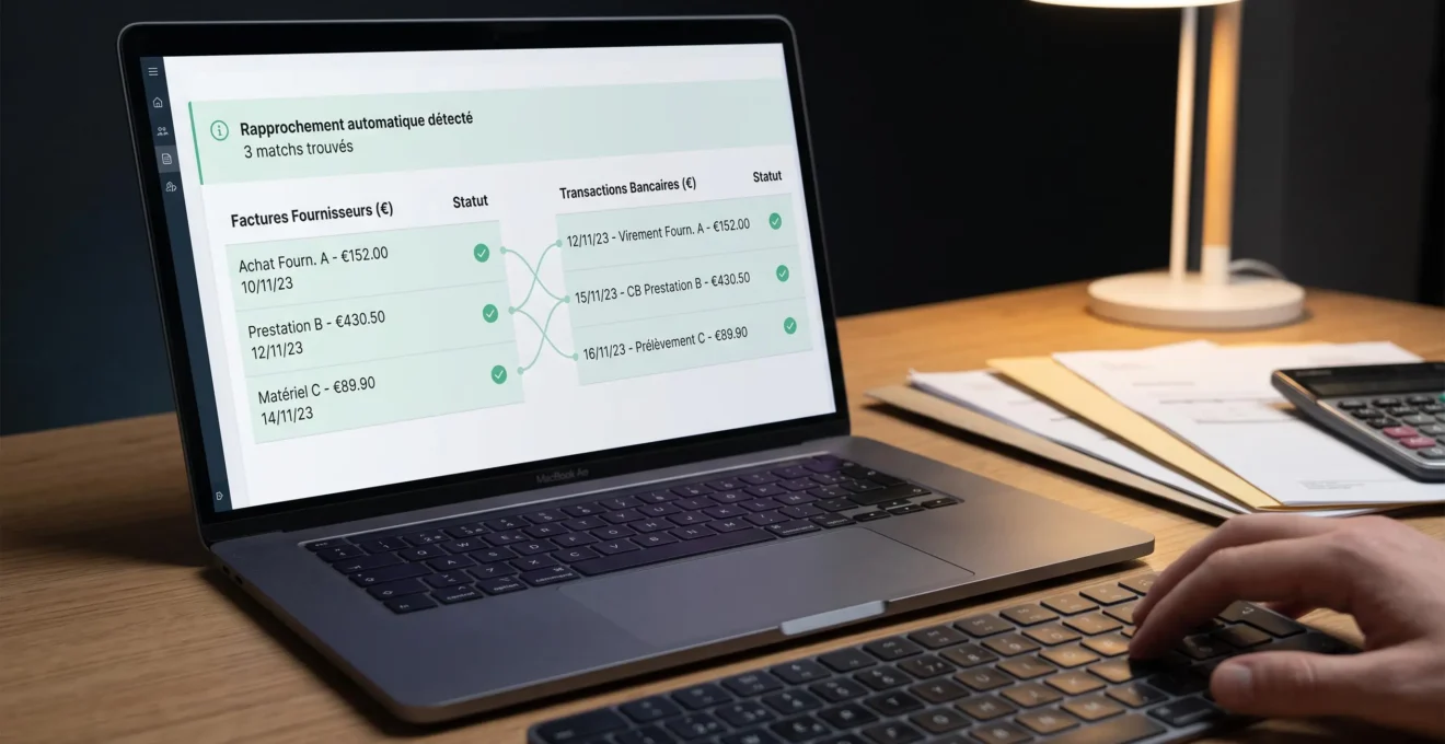 Interface de rapprochement bancaire automatisé associant factures fournisseurs et transactions bancaires