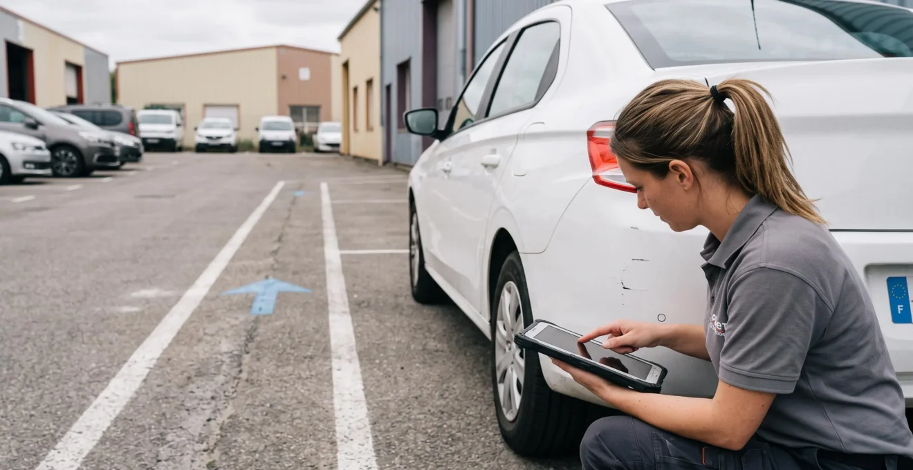 Une collaboratrice inspecte le arrière d'une voiture de retour dans une cour de dépôt tout en notant ses observations sur une tablette.