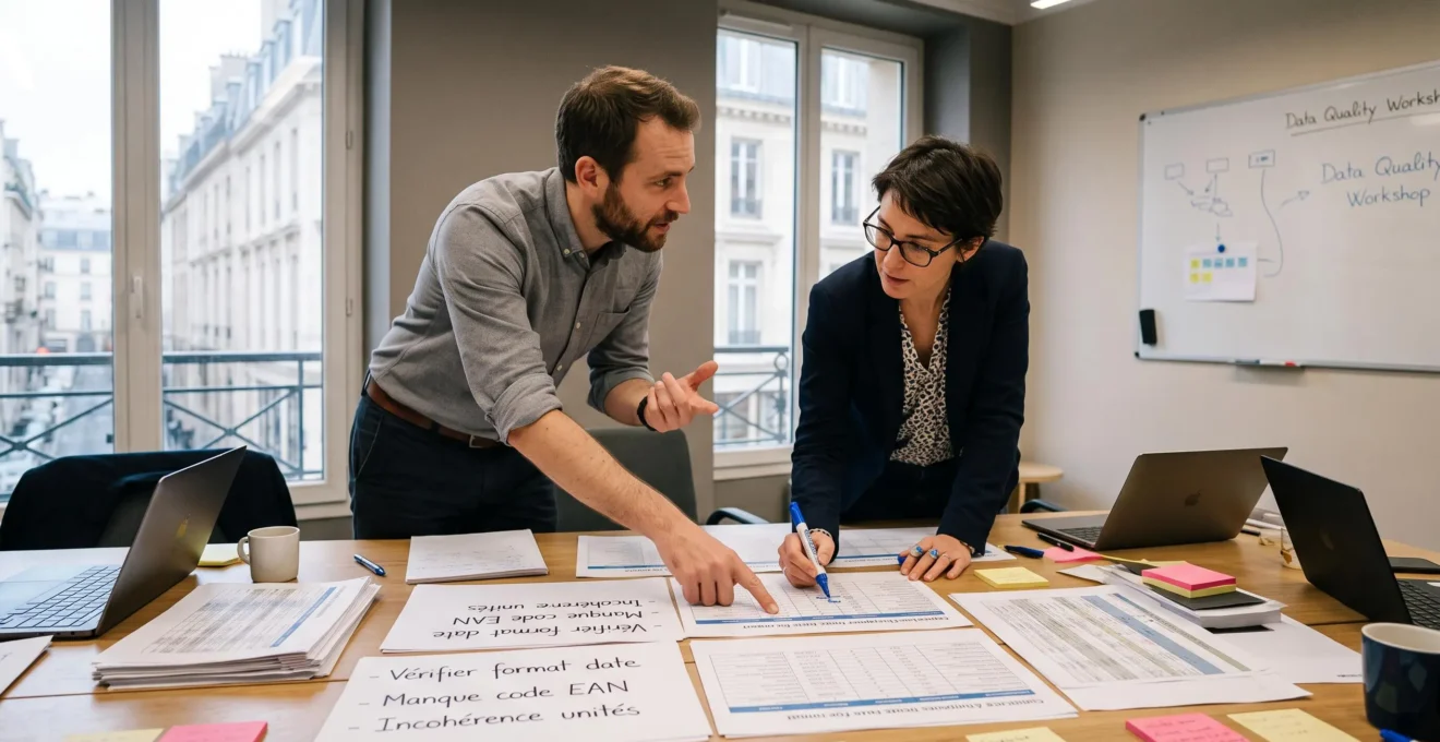 Two data professionals standing around table examining and comparing printed supplier data samples