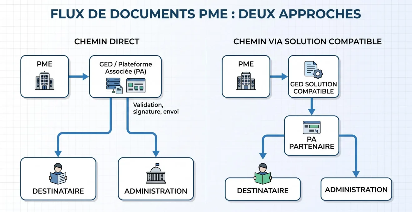 Schéma comparant une GED plateforme agréée et une GED reliée à une plateforme agréée partenaire