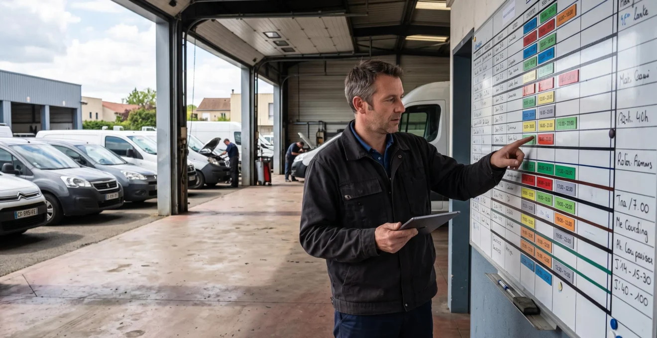 Un gestionnaire de flotte consulte un planning mural devant une rangée de véhicules utilitaires stationnés dans un dépôt.