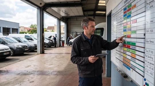 Un gestionnaire de flotte consulte un planning mural devant une rangée de véhicules utilitaires stationnés dans un dépôt.