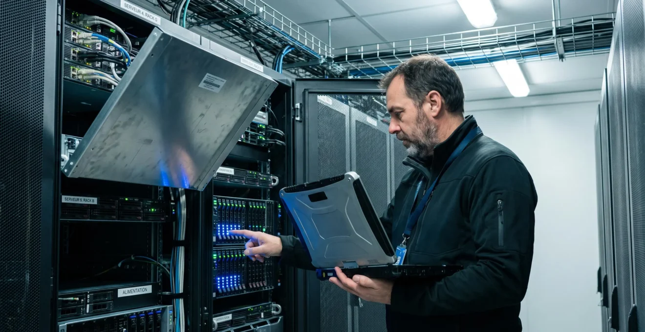 Data engineer in server room checking database infrastructure equipment