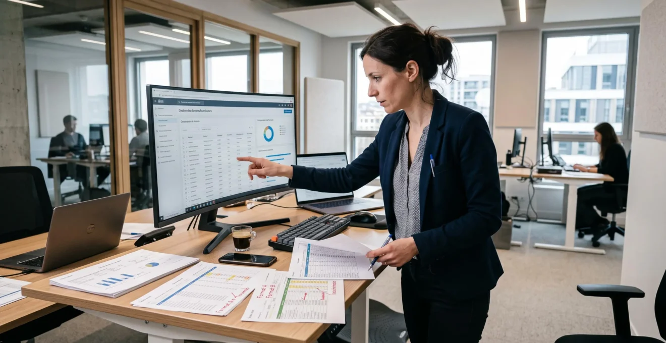 Data manager standing at workstation reviewing supplier data formats on monitor and printed documents