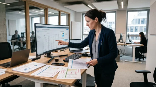 Data manager standing at workstation reviewing supplier data formats on monitor and printed documents
